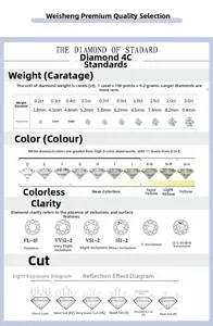 Size guide for S925 silver ring detailing 4C diamond standards and carat measurements