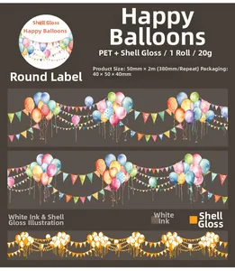 Vista de detalle de cinta PET de globos de colores con acabado nácar y tinta blanca