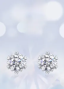 Macro shot of silver six-prong snowflake earrings with brilliant cut lab-grown diamonds