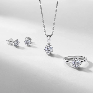 Elegant S925 sterling silver jewelry set with round brilliant cut diamond studs and necklace