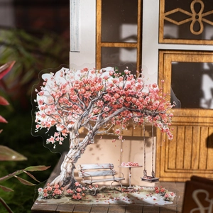Decorazione in acrilico con albero rosa in fiore, panchina e altalena miniatura