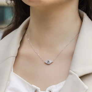 Elegant S925 sterling silver round lab diamond necklace featuring a halo evil eye pendant