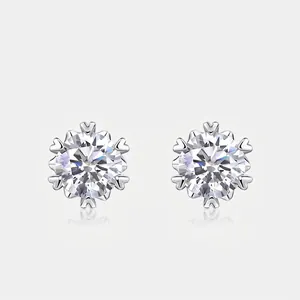 925 Sterling Silver Zirconia Stud Earrings For Women Heart Shaped Six-Prong Setting Snowflake Design Luxury Earring Jewelry