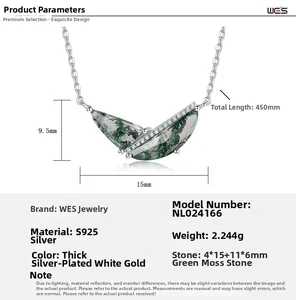 Detailed S925 silver necklace with green moss agate wings pendant and tiny crystal accents