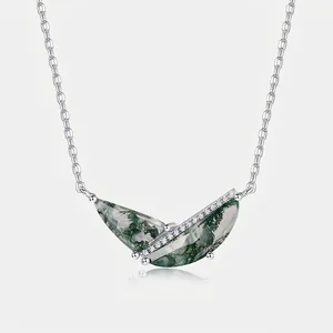 Elegant 925 Sterling Silver Moss Agate Pendant Necklace Geometric Green Stone Inlaid Rhinestone Fashion Jewelry For Women
