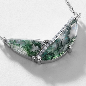S925 silver necklace featuring a geometric moss agate pendant with micro-inlaid zircons