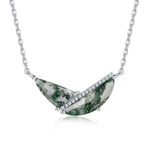 Minimalist S925 silver necklace with moss agate pendant and sparkling zircon accents