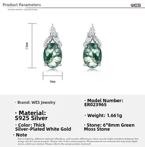 Detail view of 6x8mm oval green moss agate earrings with S925 silver leaf design settings
