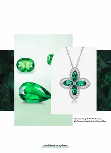 Détail macro du pendentif fleur en émeraude avec zircons blancs sur monture argent