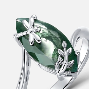 S925 silver ring with dragonfly design and large green moss agate marquise gemstone