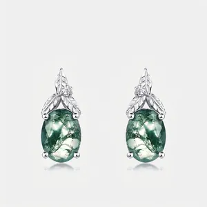 925 Sterling Silver Moss Agate Stud Earrings For Women Forest Leaf Design Zirconia Inlaid Elegant Natural Stone Jewelry