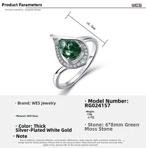 Detailed size chart for the S925 silver green moss agate teardrop ring with dimensions