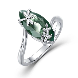 Retro S925 silver ring featuring marquise moss agate with dragonfly and leaf motifs