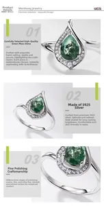 Detail view of pear-shaped moss agate set in S925 sterling silver with polished finish