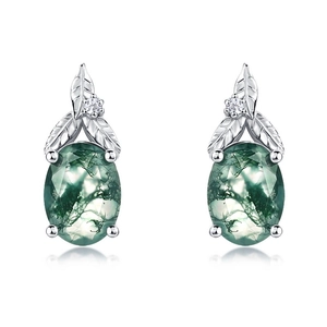 Elegant S925 silver leaf earrings with oval green moss agate stones on white background