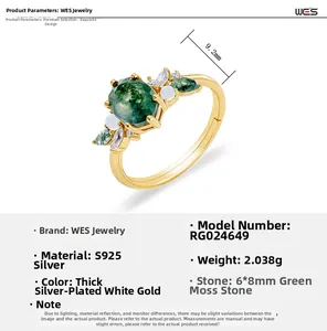 Detail view of S925 sterling silver ring with green moss agate and opal specifications