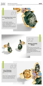 Macro detail of S925 silver gold-plated earring with green moss agate and purple stones