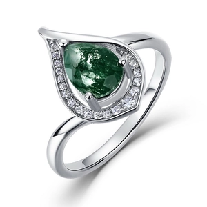 Pear cut green moss agate ring in S925 sterling silver with halo cubic zirconia accents
