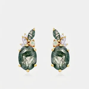 Vintage 925 Sterling Silver Gold Plated Moss Agate Stud Earrings For Women With Opal Rhinestone Forest Style Jewelry Gift