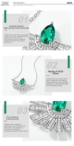 Macro detail of S925 silver necklace with fan-shaped emerald pendant and zircon setting