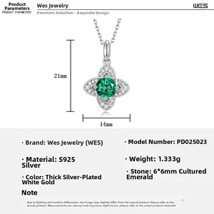 Detailed specs of the S925 silver four-leaf petal flower pendant with lab-grown emerald