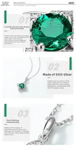 Macro detail of S925 silver flower pendant necklace with lab-grown emerald stone