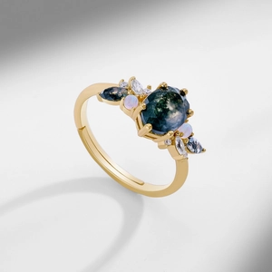 S925 sterling silver ring with oval moss agate and opal, adjustable gold finish design