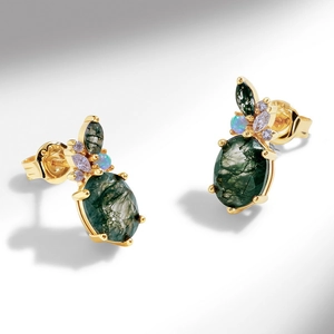Moss agate stud earrings with colorful opal and purple gems in gold plated silver