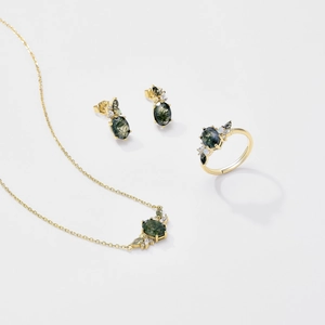 Elegant 925 silver gold plated moss agate jewelry set with necklace ring and earrings