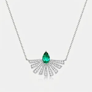 S925 Sterling Silver Lab Grown Emerald Necklace For Women Gold Plated Waterdrop Fan Pendant Zirconia Luxury Elegant Jewelry Gift