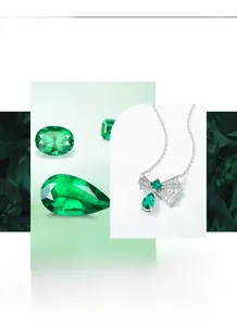 Vue macro du collier émeraude en éventail avec pierre en poire et zircons sertis