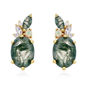 Elegant gold plated S925 silver stud earrings with oval moss agate and opal stones