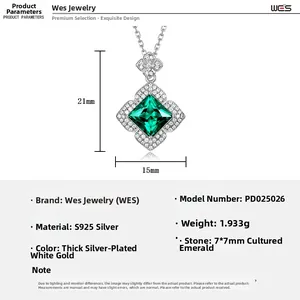 Détails du collier en argent S925 avec pendentif émeraude de laboratoire de 7x7mm carré