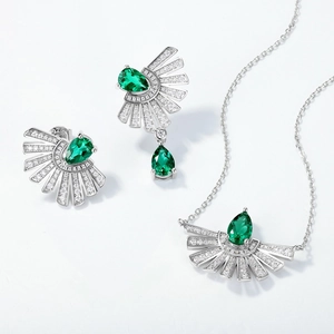 S925 Sterling Silver Lab Emerald Jewelry Set with Pear-cut Pendant Necklace and Stud Earrings
