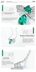 Gros plan du collier en argent S925 avec émeraude en éventail et pendentif nœud