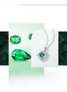 Macro shot of lab-grown emerald pendant with white zircon halo on S925 silver chain