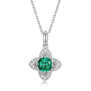 S925 silver necklace with four-petal emerald flower pendant and white zircon accents