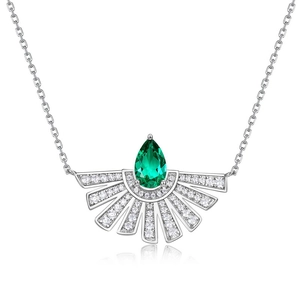 Elegant S925 sterling silver necklace with a pear-cut emerald pendant and fan-shaped accents