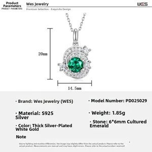Detailed specs of S925 silver necklace with 6mm lab-grown emerald and zircon pendant