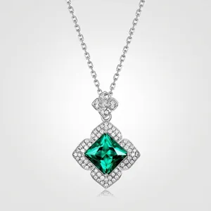 Collier Pendentif en Argent Sterling 925 avec Émeraude de Laboratoire pour Femme Carré Géométrique Zirconia Incrusté