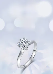Macro detail of classic six-prong setting showing round cut solitaire diamond ring