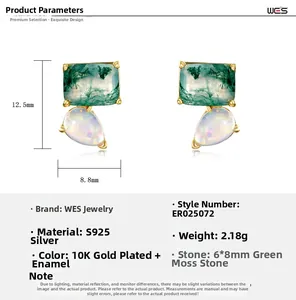 Macro detail of geometric S925 silver earrings with green moss agate and opal stones