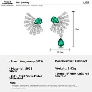 Detailed size specifications for fan-shaped S925 silver emerald earrings with pear-cut stone