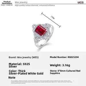 Macro detail of S925 silver ring featuring a 6x8mm rectangle lab-grown ruby stone