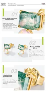 Detail of S925 silver gold-plated earrings with moss agate and opal stone inlay