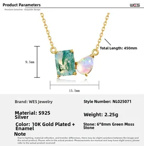 Detailed specs of S925 silver gold-plated necklace with moss agate and opal pendant