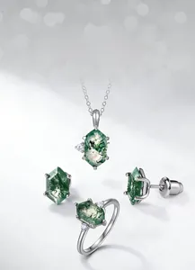 Exquisite S925 sterling silver jewelry set featuring hexagonal green moss agate stones