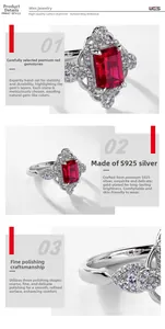 Macro detail of emerald-cut lab-grown ruby ring in S925 silver with diamond accents