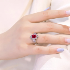 Luxurious S925 silver ring with a rectangular lab-grown ruby in a vintage floral setting