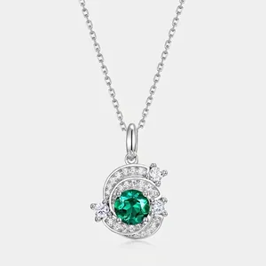 Elegant 925 Sterling Silver Round Lab Grown Emerald Pendant Necklace Spiral Rhinestone Clavicle Chain Women Fashion Jewelry